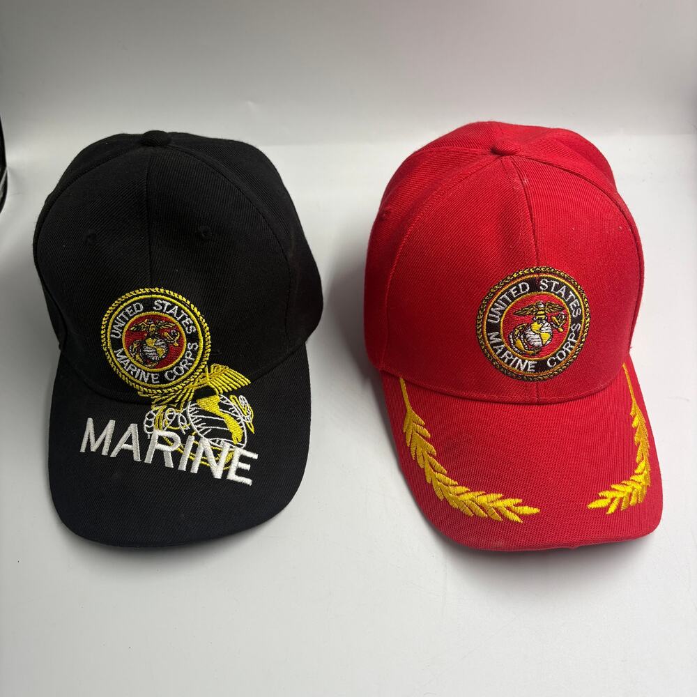 US Marine Corps USMC Baseball Caps Hats Lot of 2 Red Black Eagle Globe Anchor